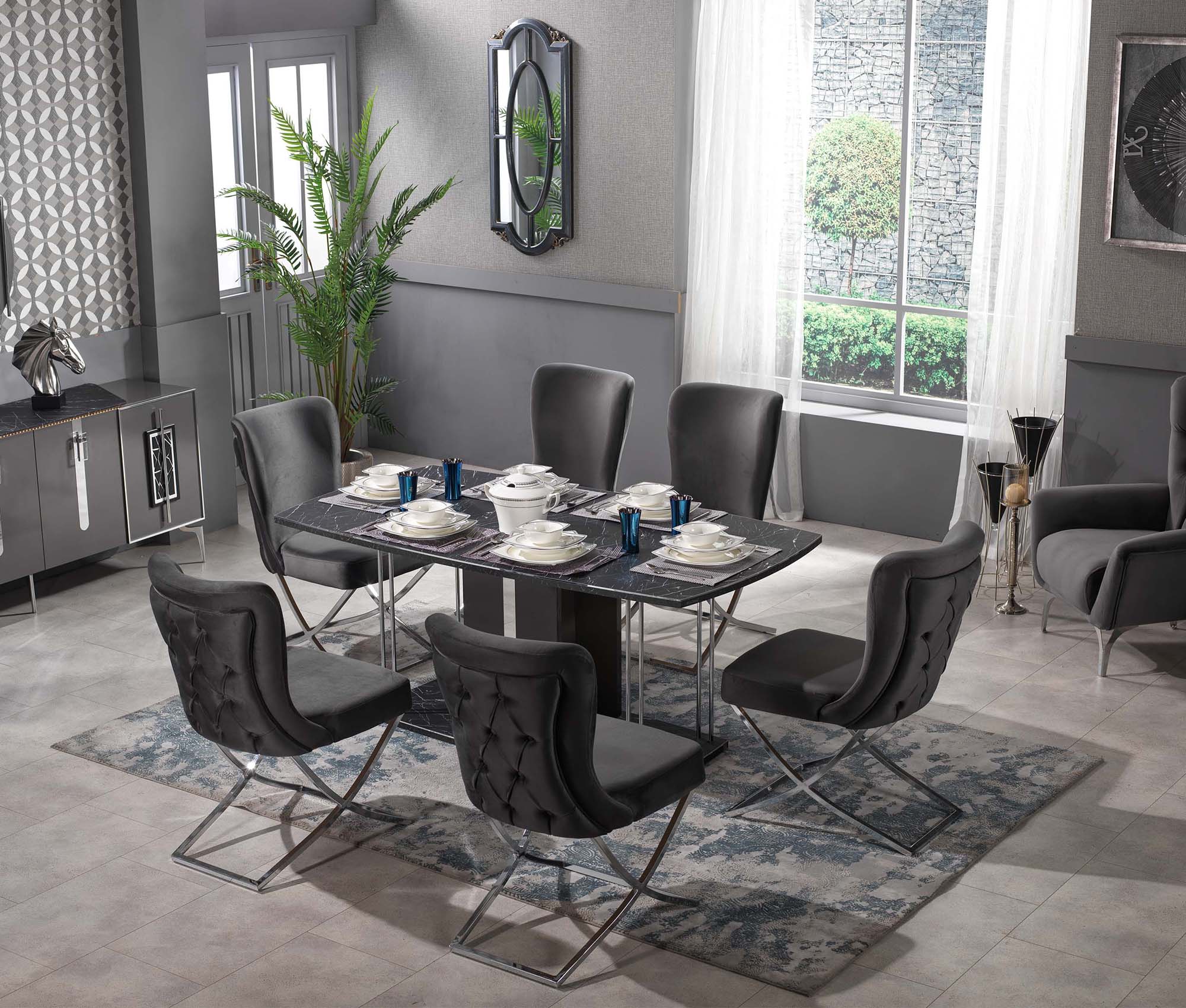 Golf Stainless Steel Velvet Dining Chair Dark Grey Silver - Quality Rugs and Furniture