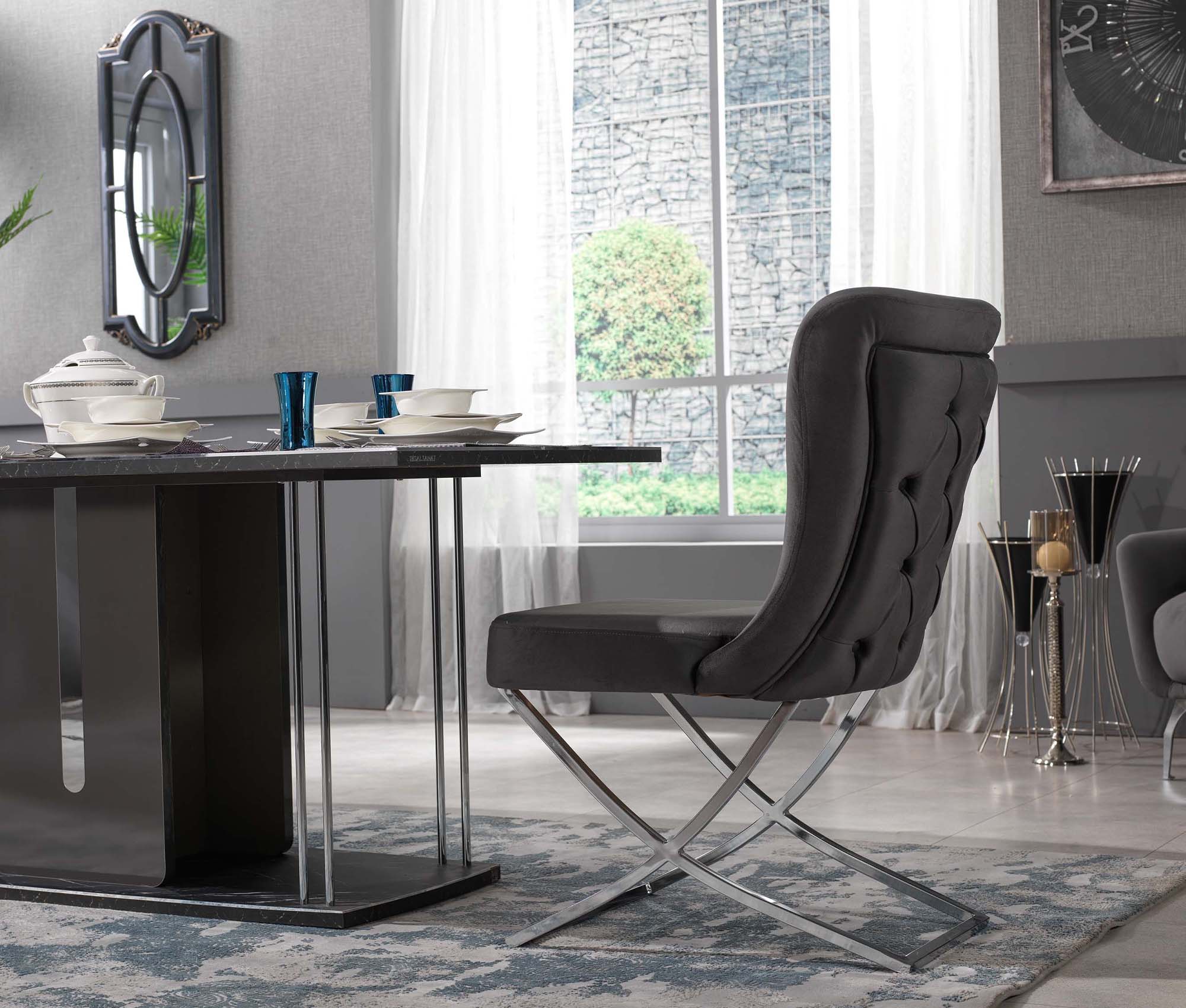 Golf Stainless Steel Velvet Dining Chair Dark Grey Silver - Quality Rugs and Furniture