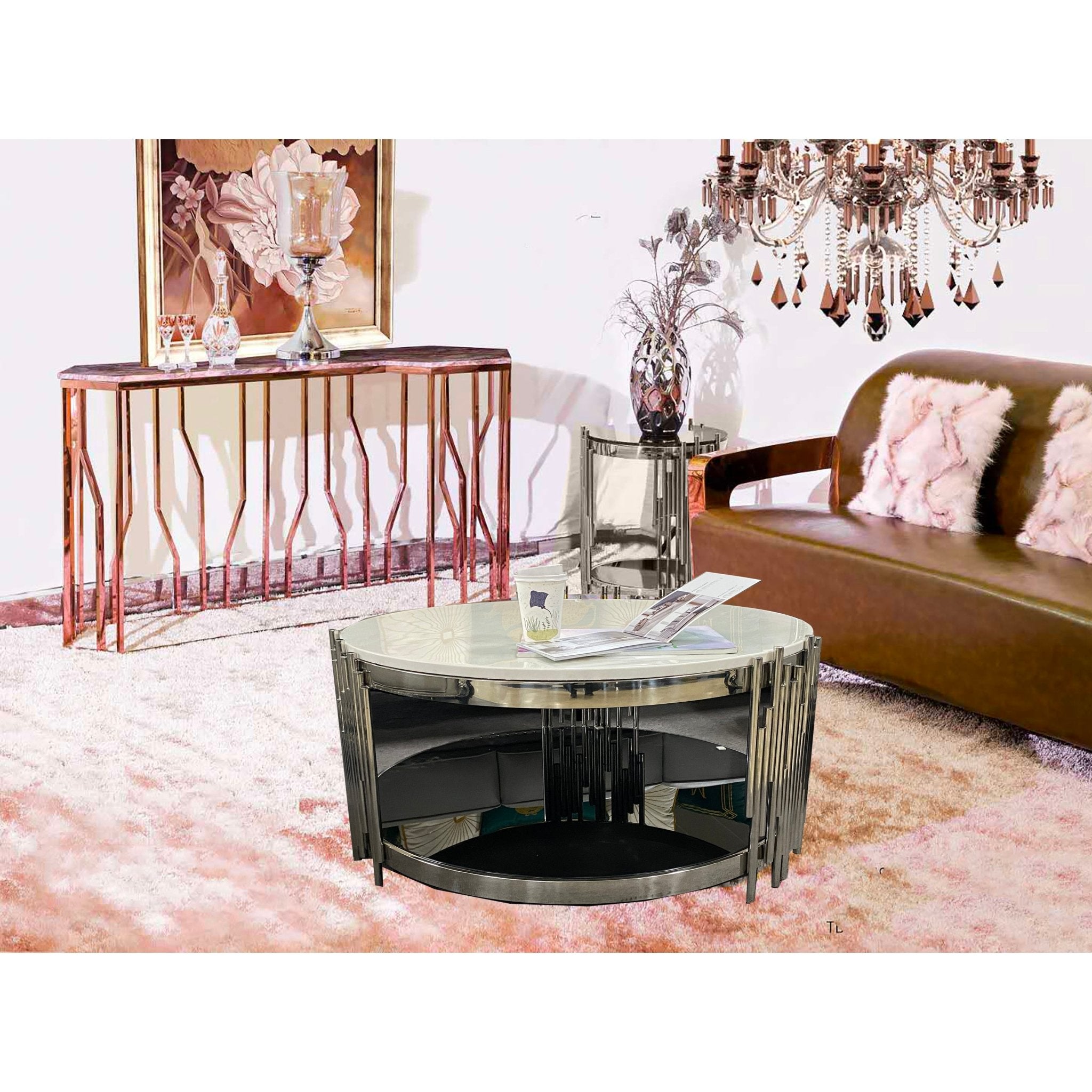 Kylie Coffee Table Stainless Steel Base Marble Top Silver - Quality Rugs and Furniture