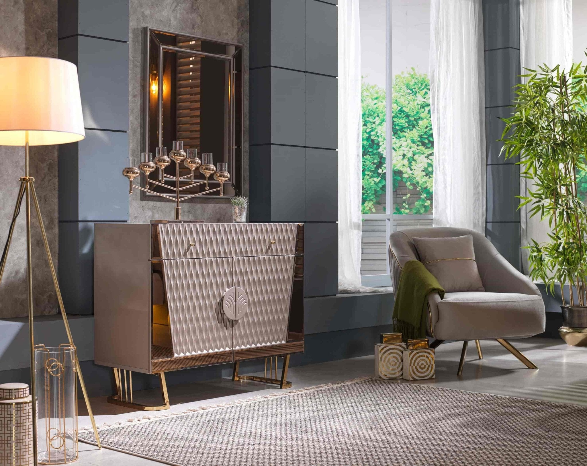 Lucas Stainless Steel Base Modern Dresser with Mirror Gold Beige - Quality Rugs and Furniture