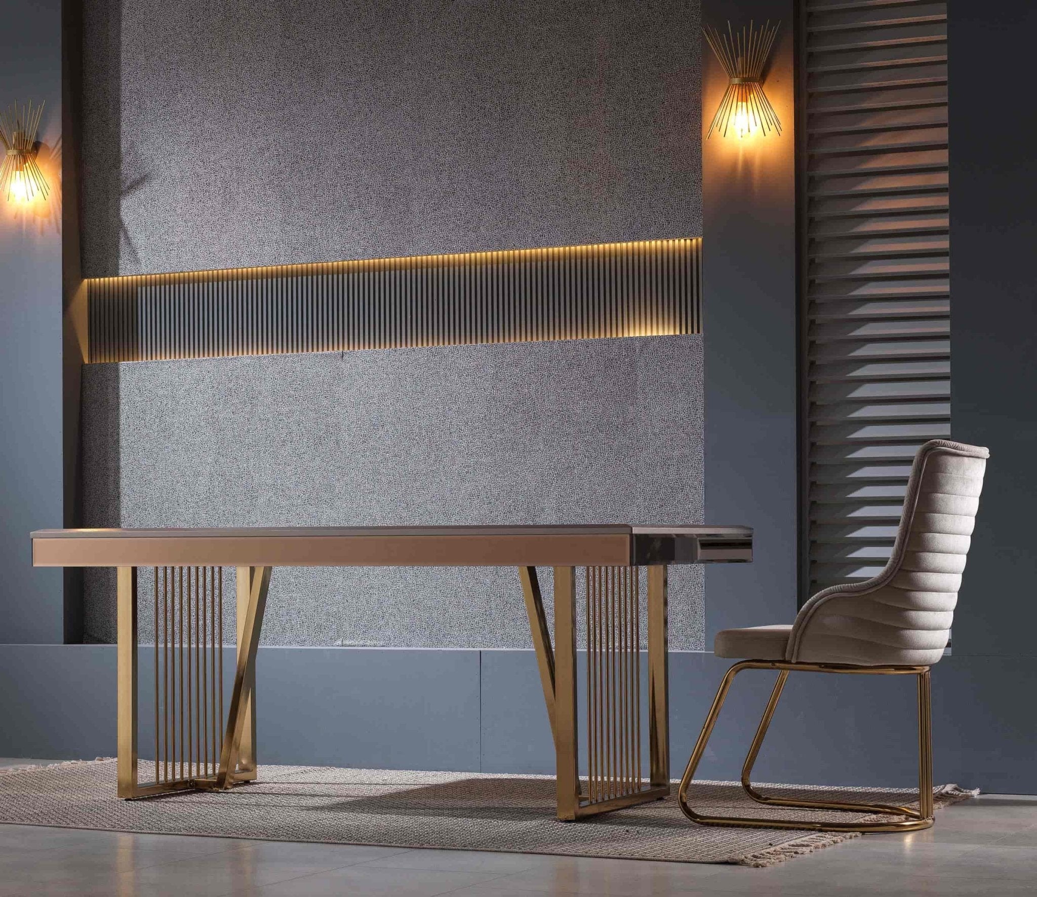 Lucas Stainless Steel Modern Dining Set (1 Table + 6 Chairs) Gold Beige - Quality Rugs and Furniture