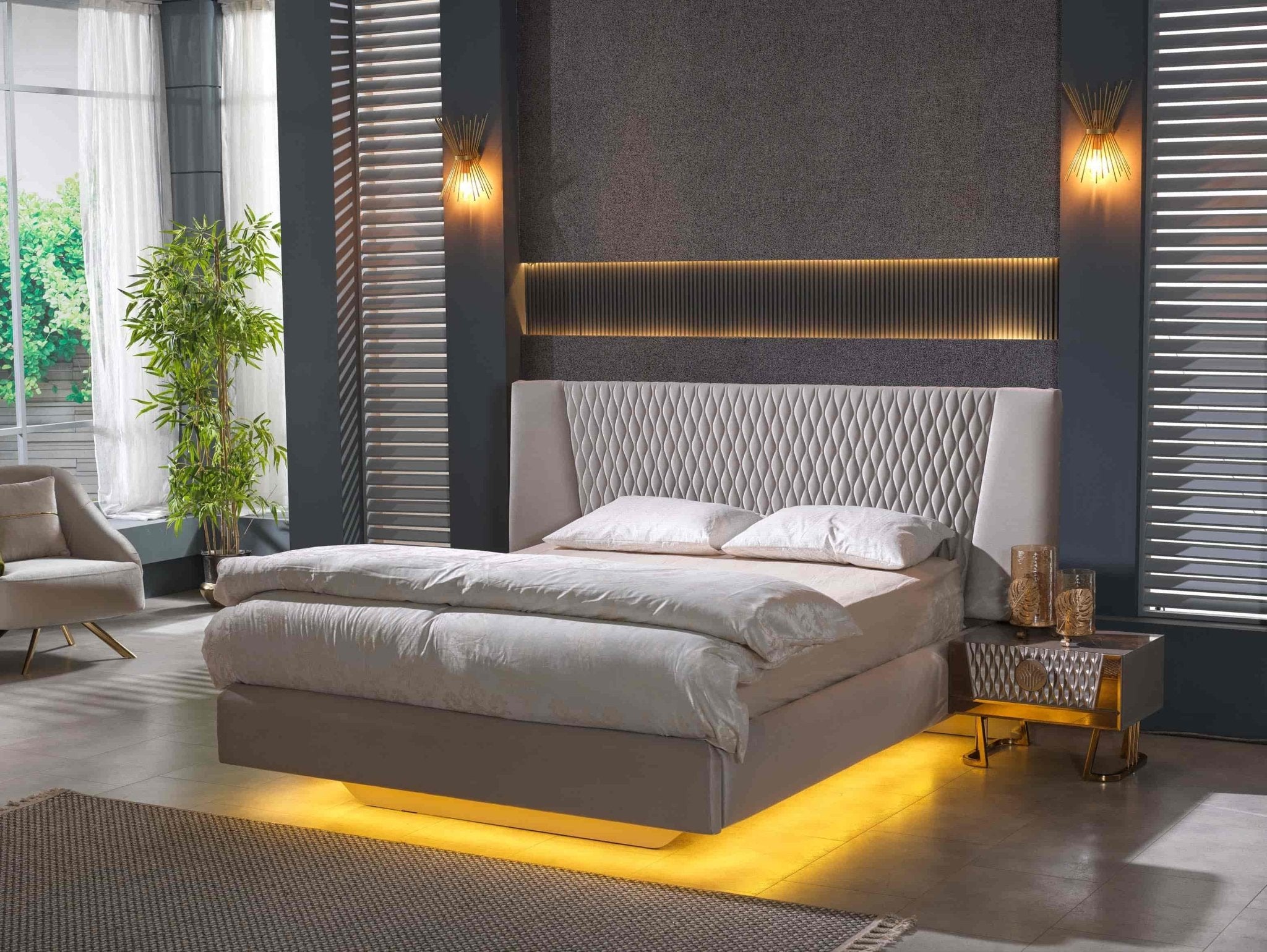 Lucas Velvet Modern Queen Bed Beige - Quality Rugs and Furniture