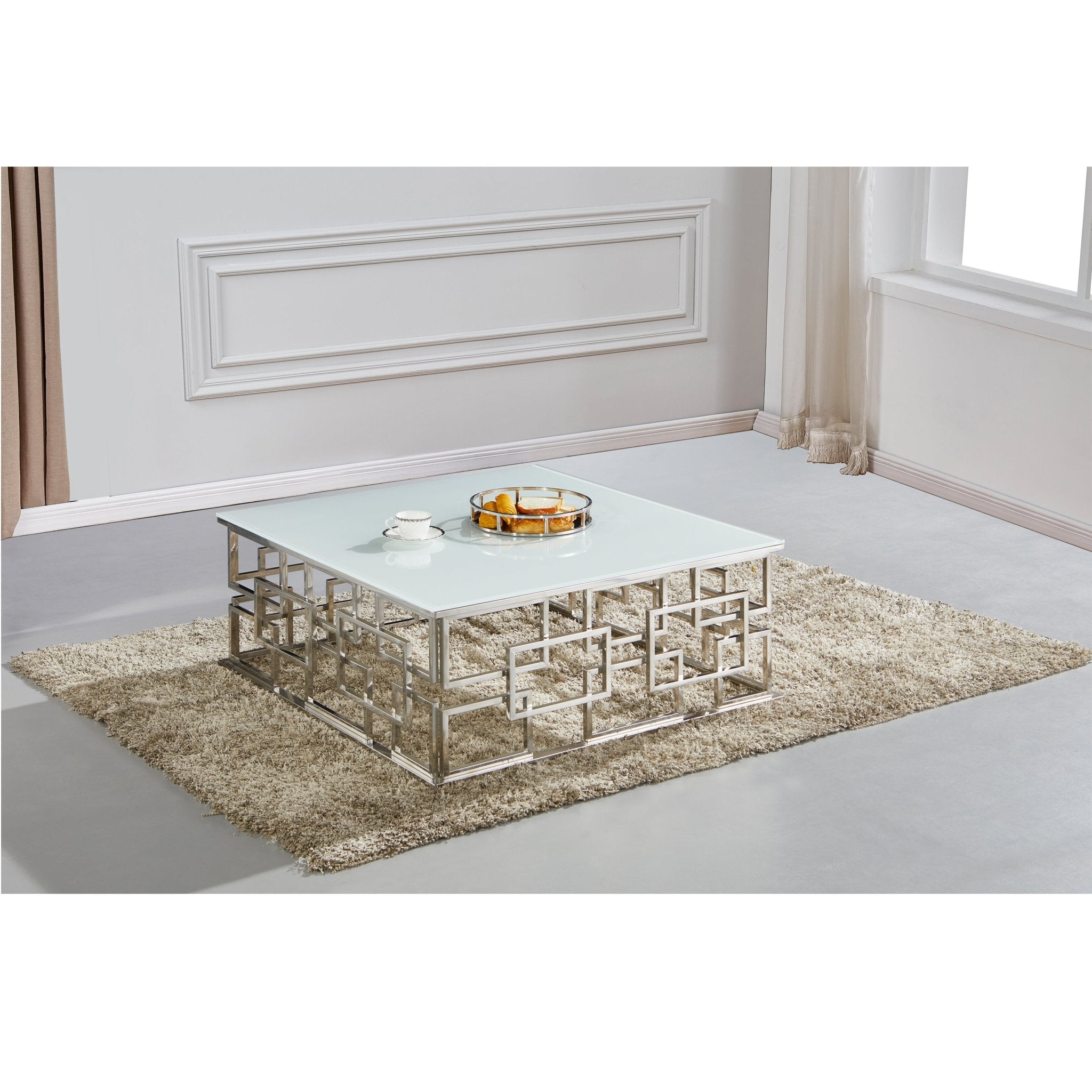 Maz Stainless Steel Base Tempered Glass Top Coffee Table White - Quality Rugs and Furniture