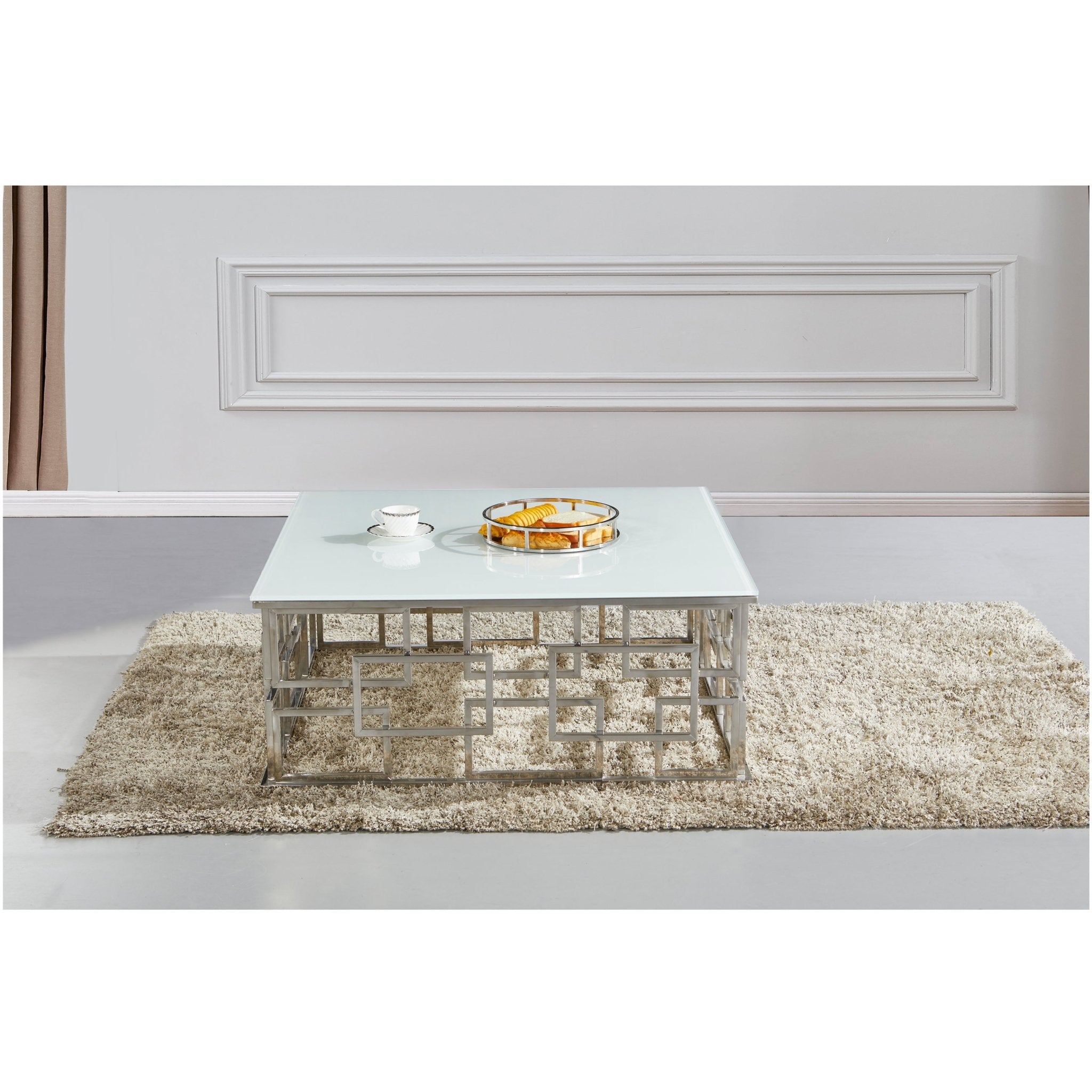 Maz Stainless Steel Base Tempered Glass Top Coffee Table White - Quality Rugs and Furniture