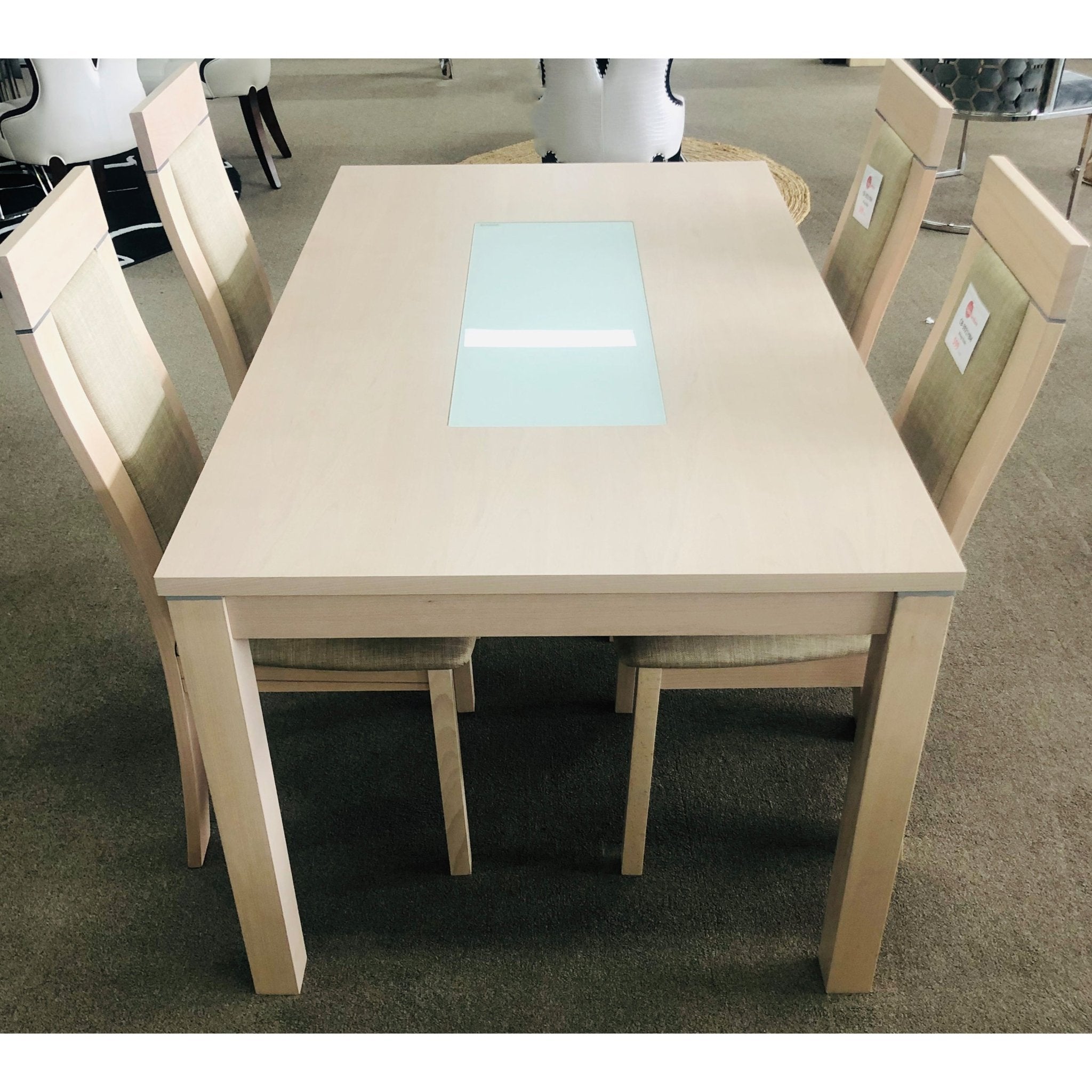 Milky White Dining Table Solid Oak Legs Tempered Glass Top - Quality Rugs and Furniture
