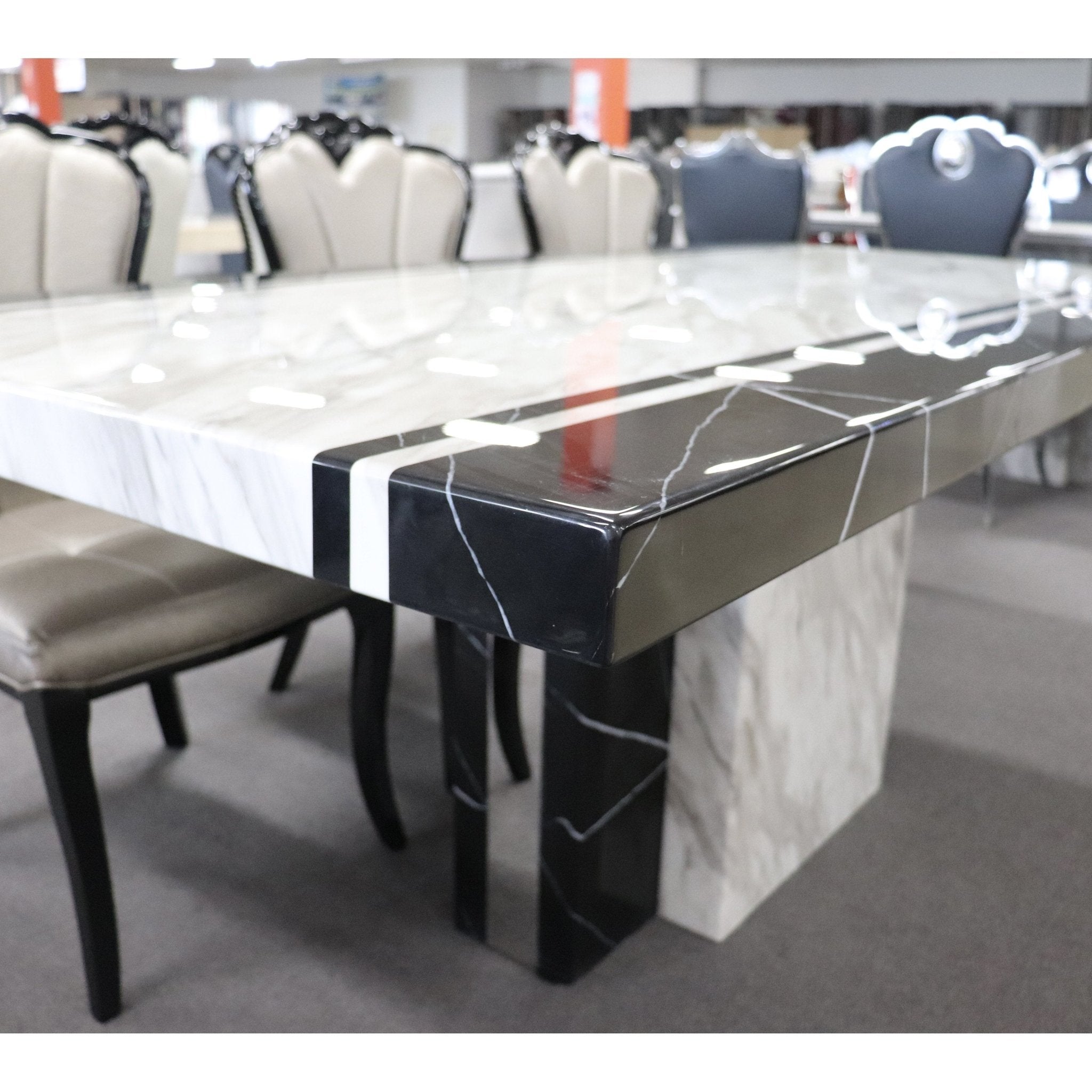 Newcastle Dining Table Laminated Marble Top and Marble Base Black White - Quality Rugs and Furniture