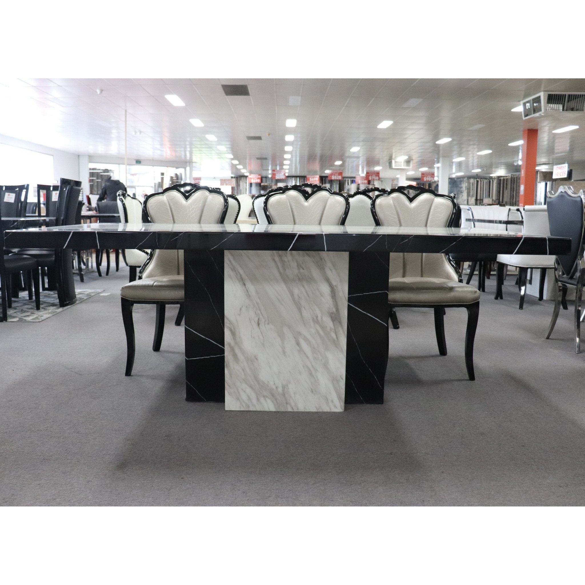 Newcastle Dining Table Laminated Marble Top and Marble Base Black White - Quality Rugs and Furniture