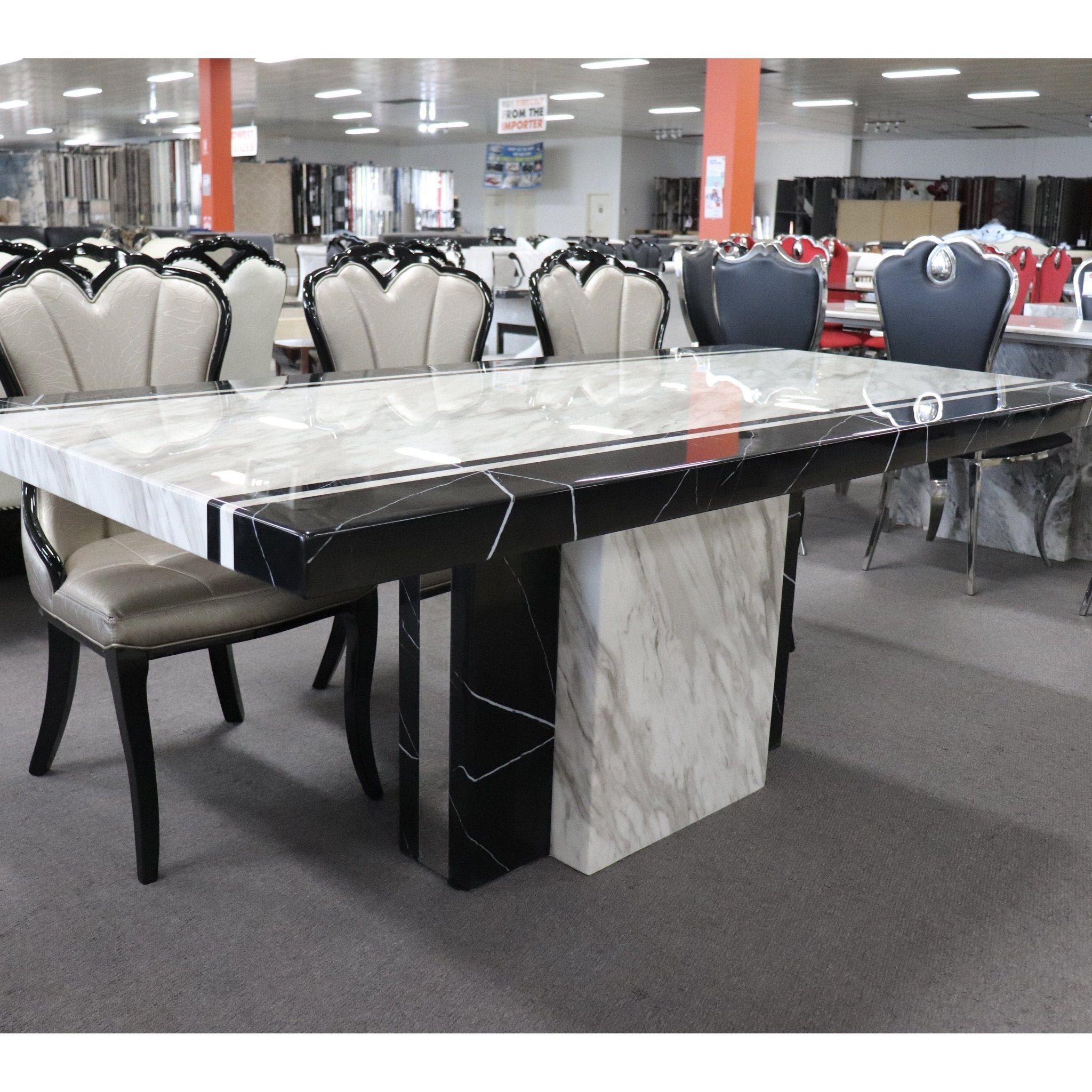 Newcastle Dining Table Laminated Marble Top and Marble Base Black White - Quality Rugs and Furniture