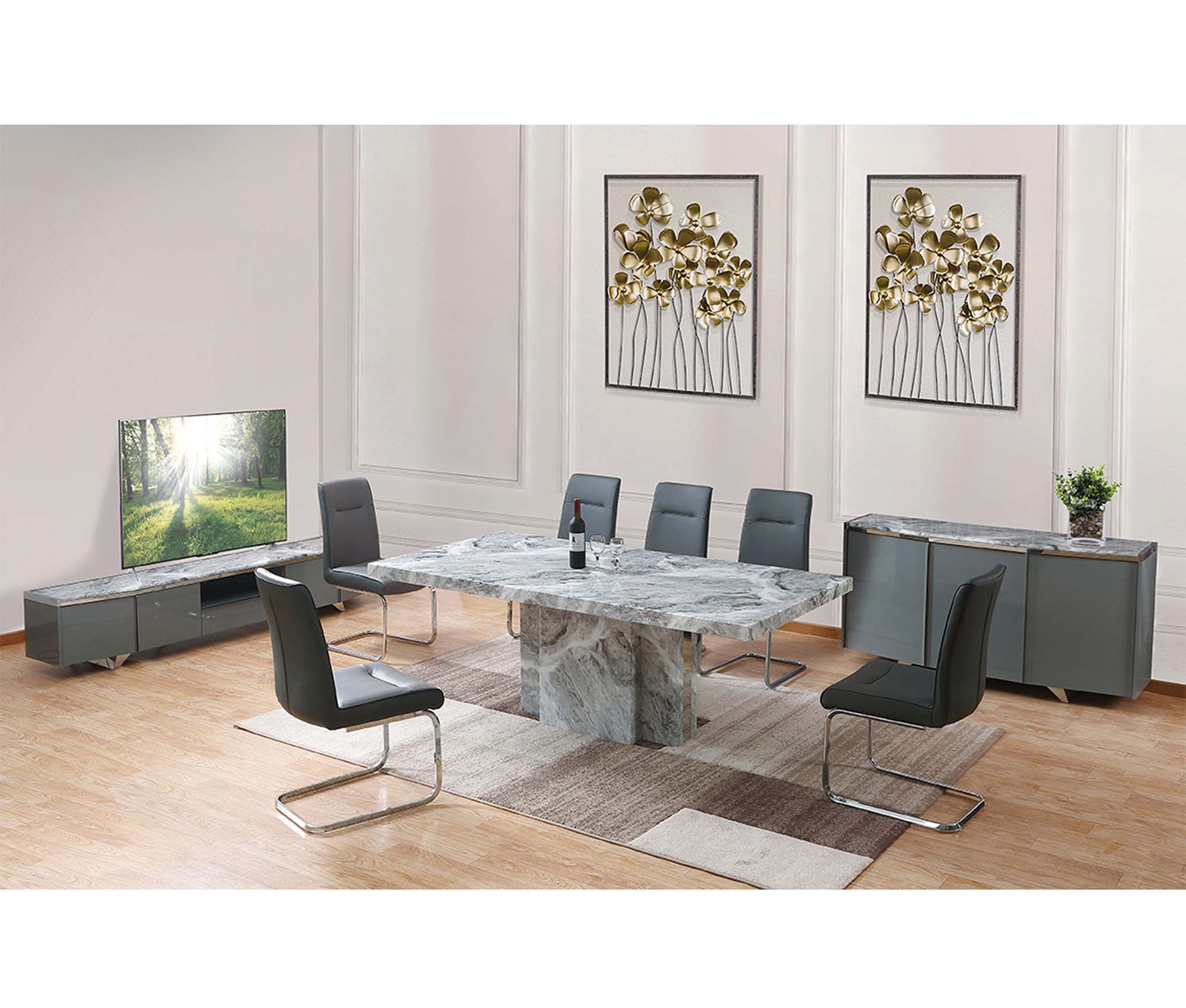Newcastle Dining Table Laminated Marble Top and Marble Base Grey - Quality Rugs and Furniture