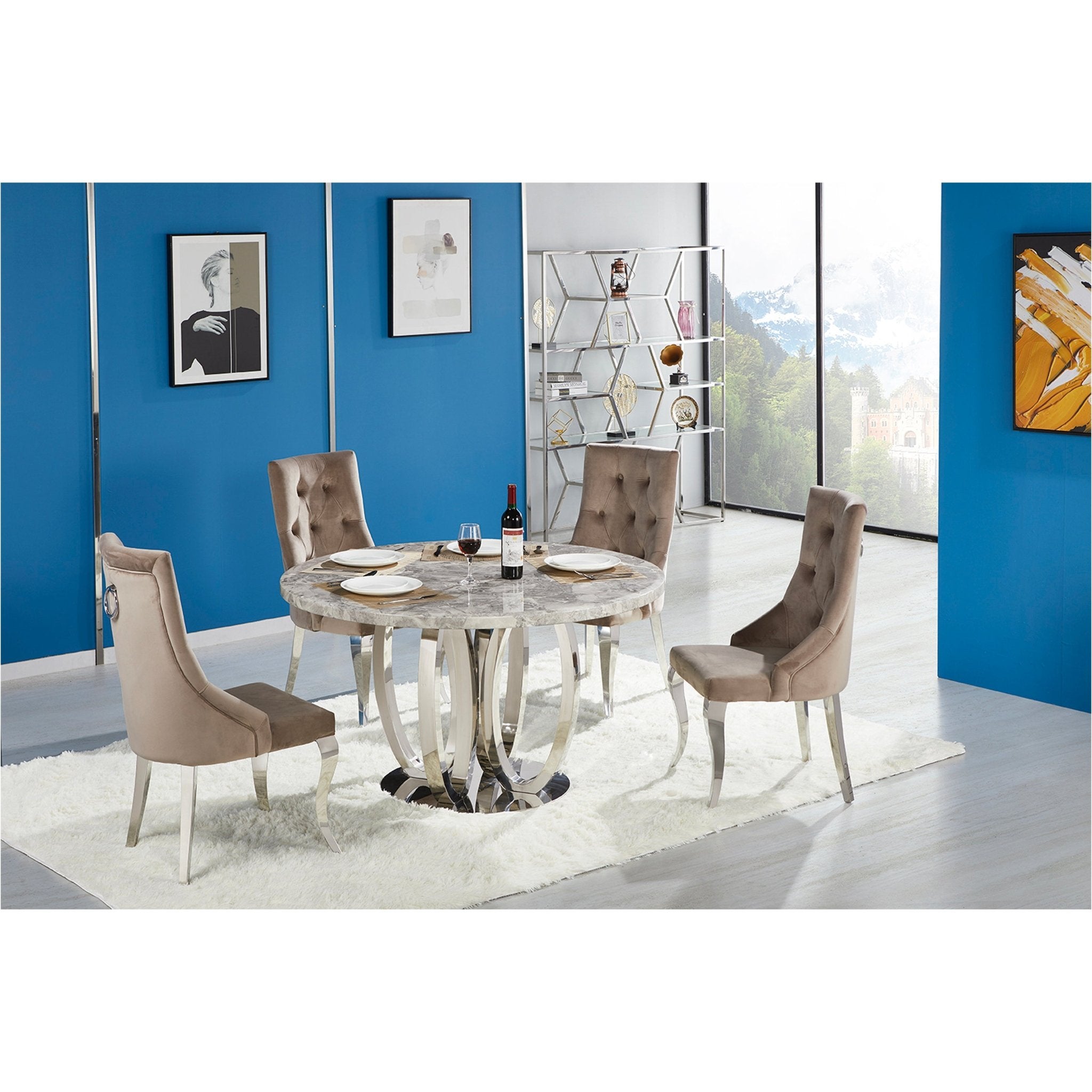 Orion Stainless Steel Base Marble Top Round Dining Table Grey Silver - Quality Rugs and Furniture