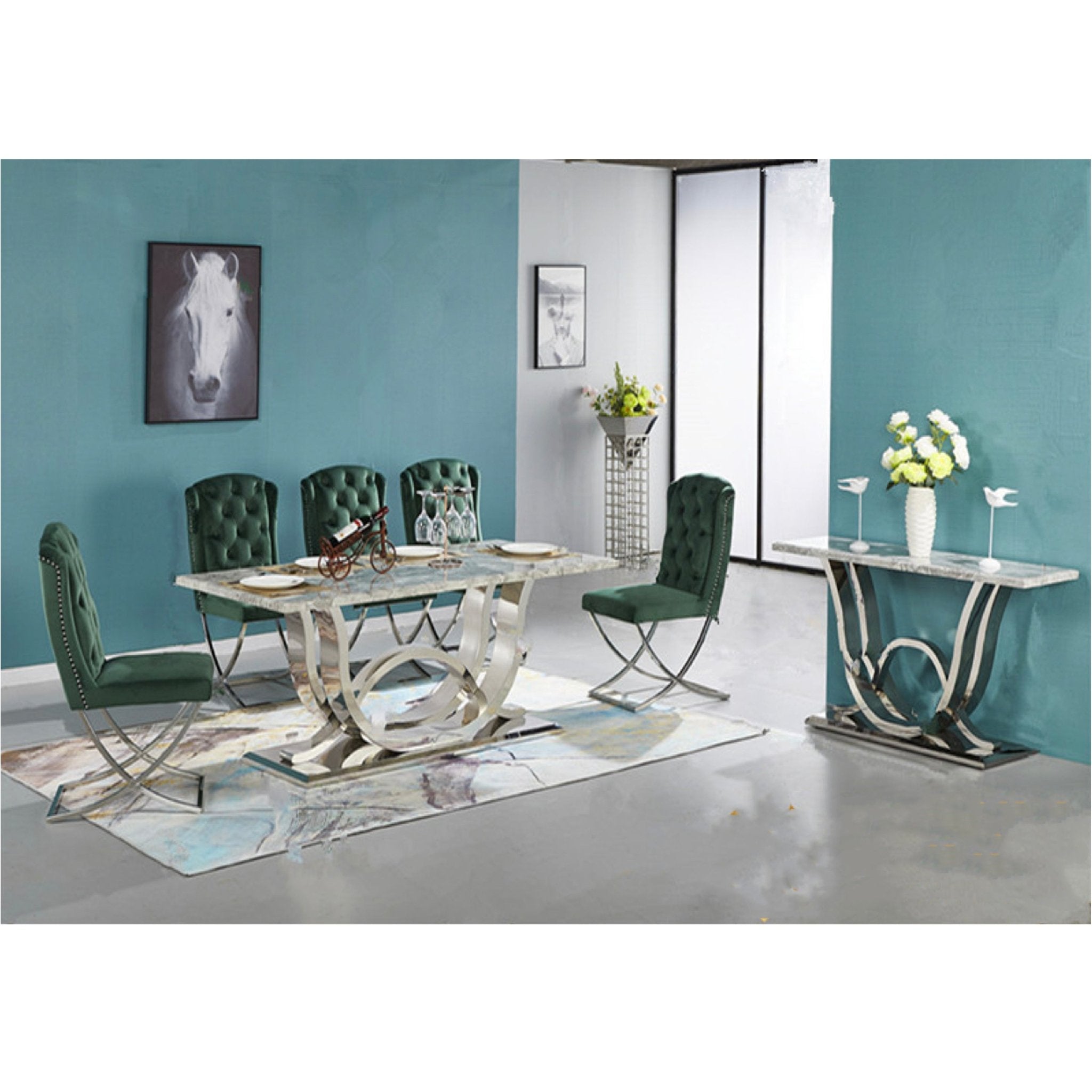 Raia Stainless Steel Base Marble Top Console Hallway Table Silver Grey - Quality Rugs and Furniture