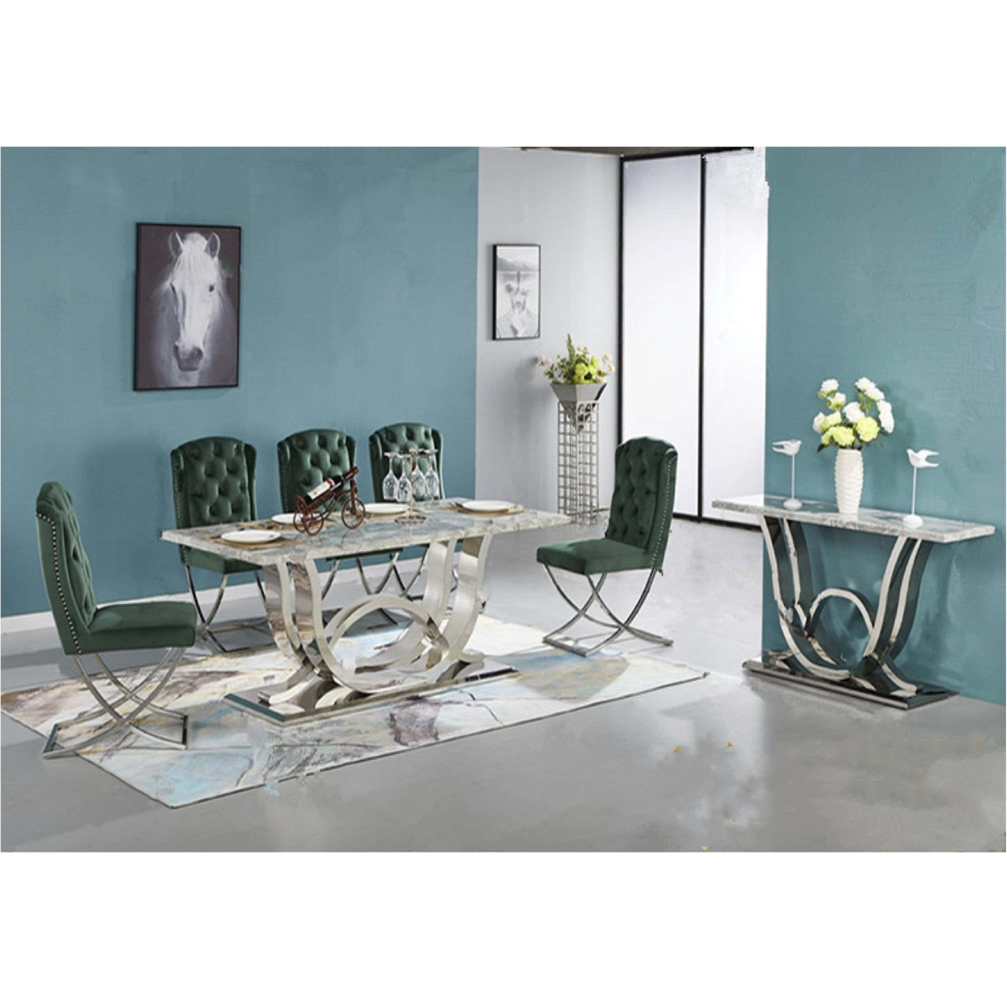 Raia Stainless Steel Base Marble Top Dining Table Silver Grey - Quality Rugs and Furniture