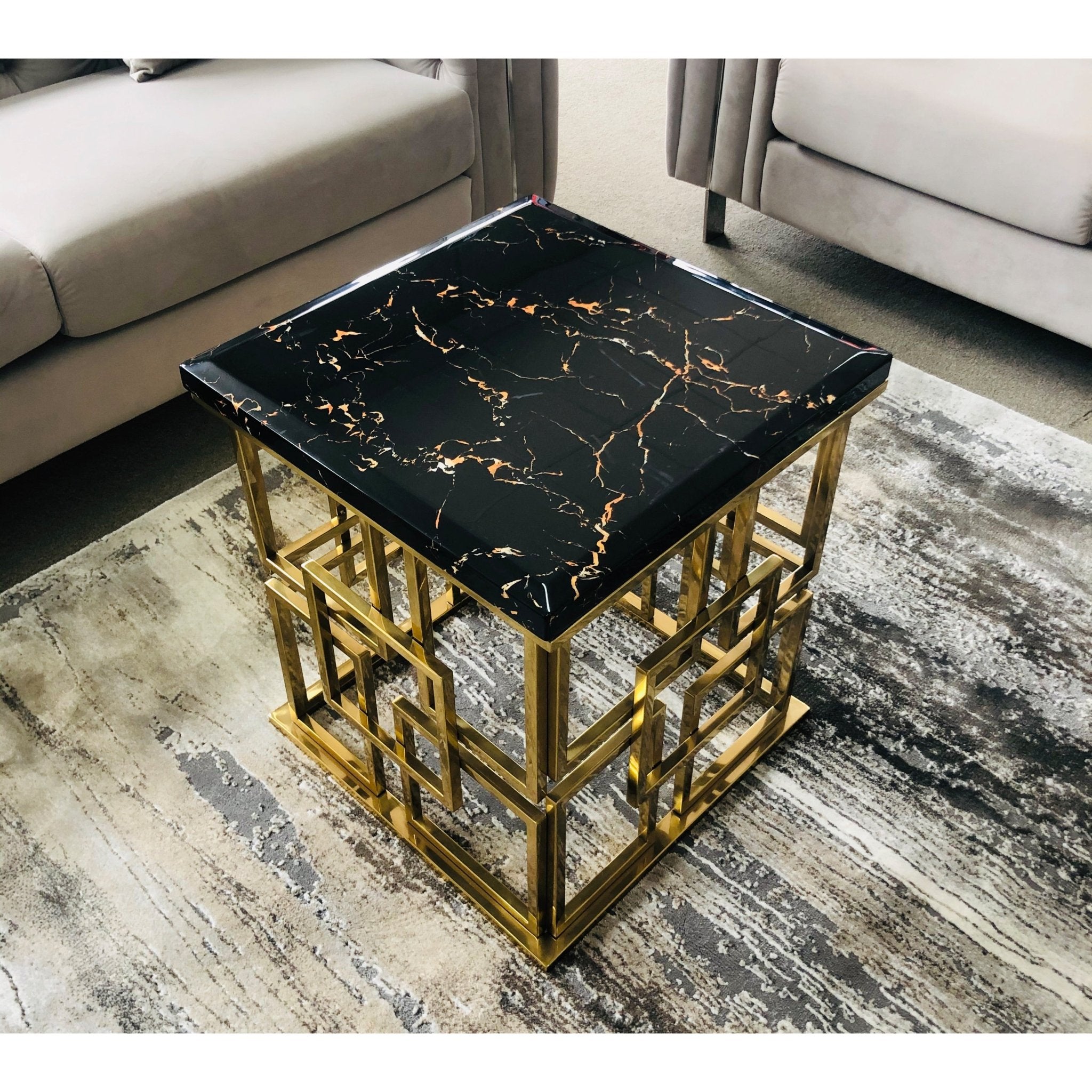 Sierra Marble Top Stainless Steel Base Side Table Gold Black - Quality Rugs and Furniture