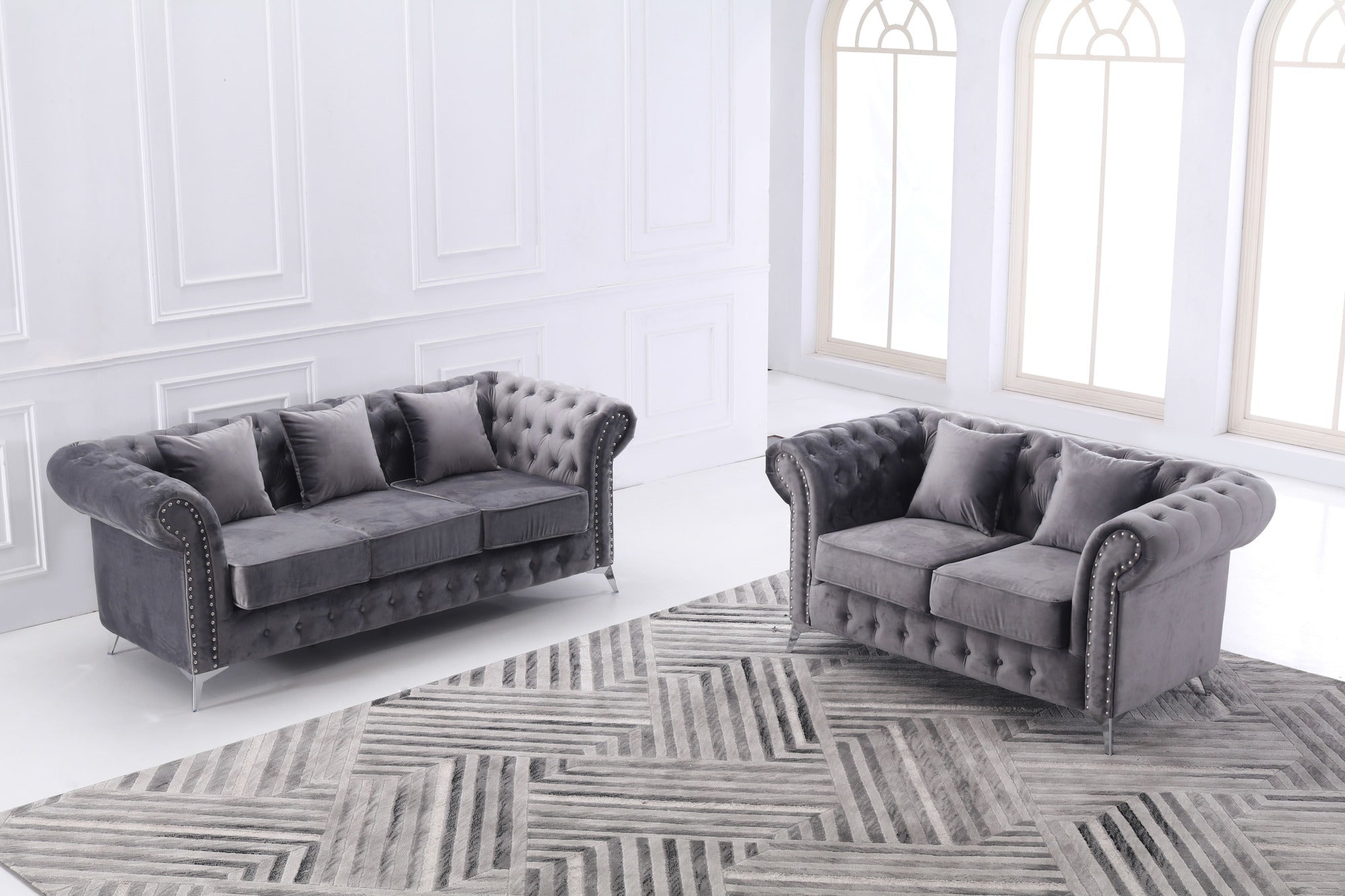 UK Velvet Sofa Set Grey - Quality Rugs and Furniture