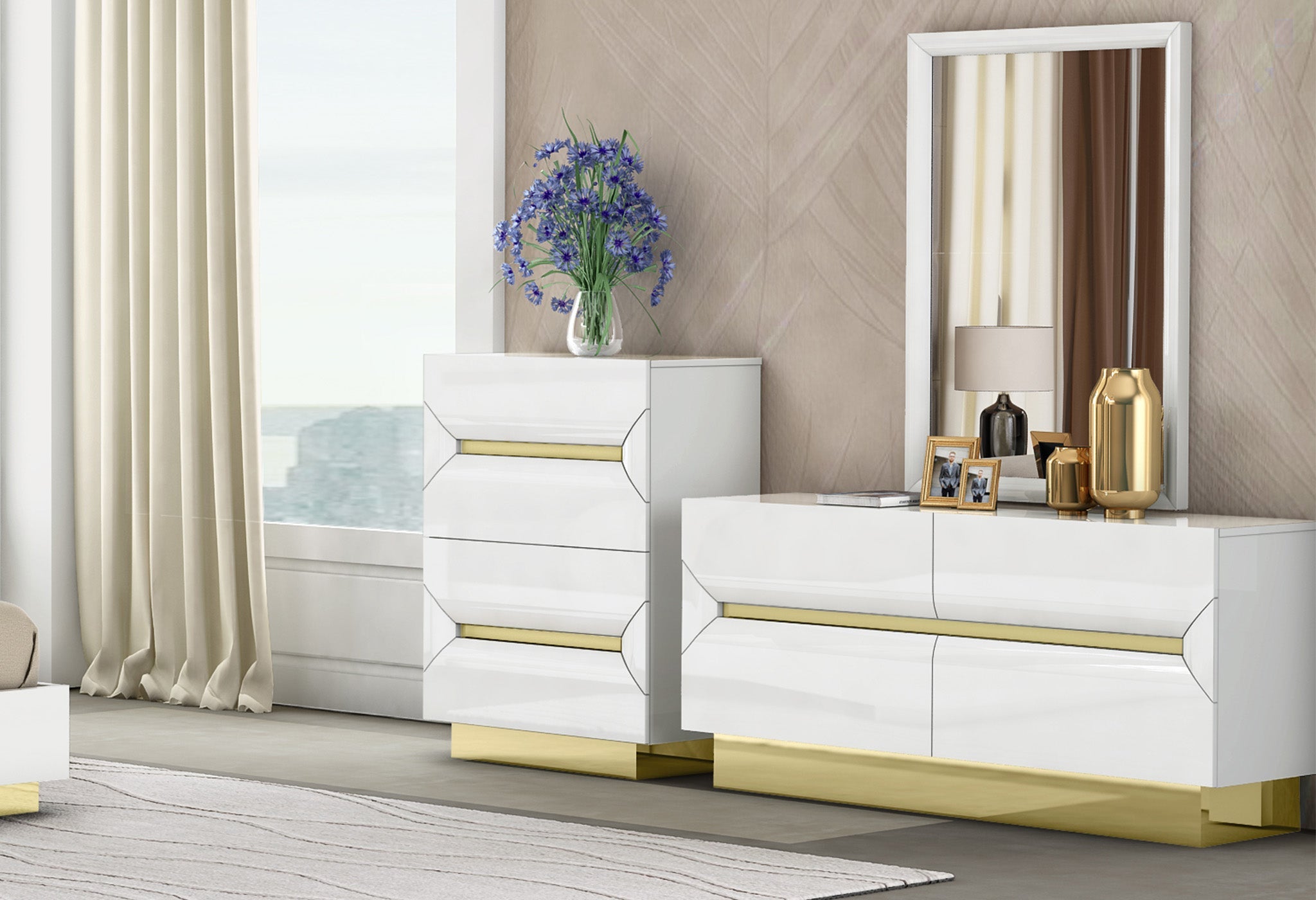 Yazmah Bedroom Suite Luxury Modern White Brushed Titanium Gold - Quality Rugs and Furniture