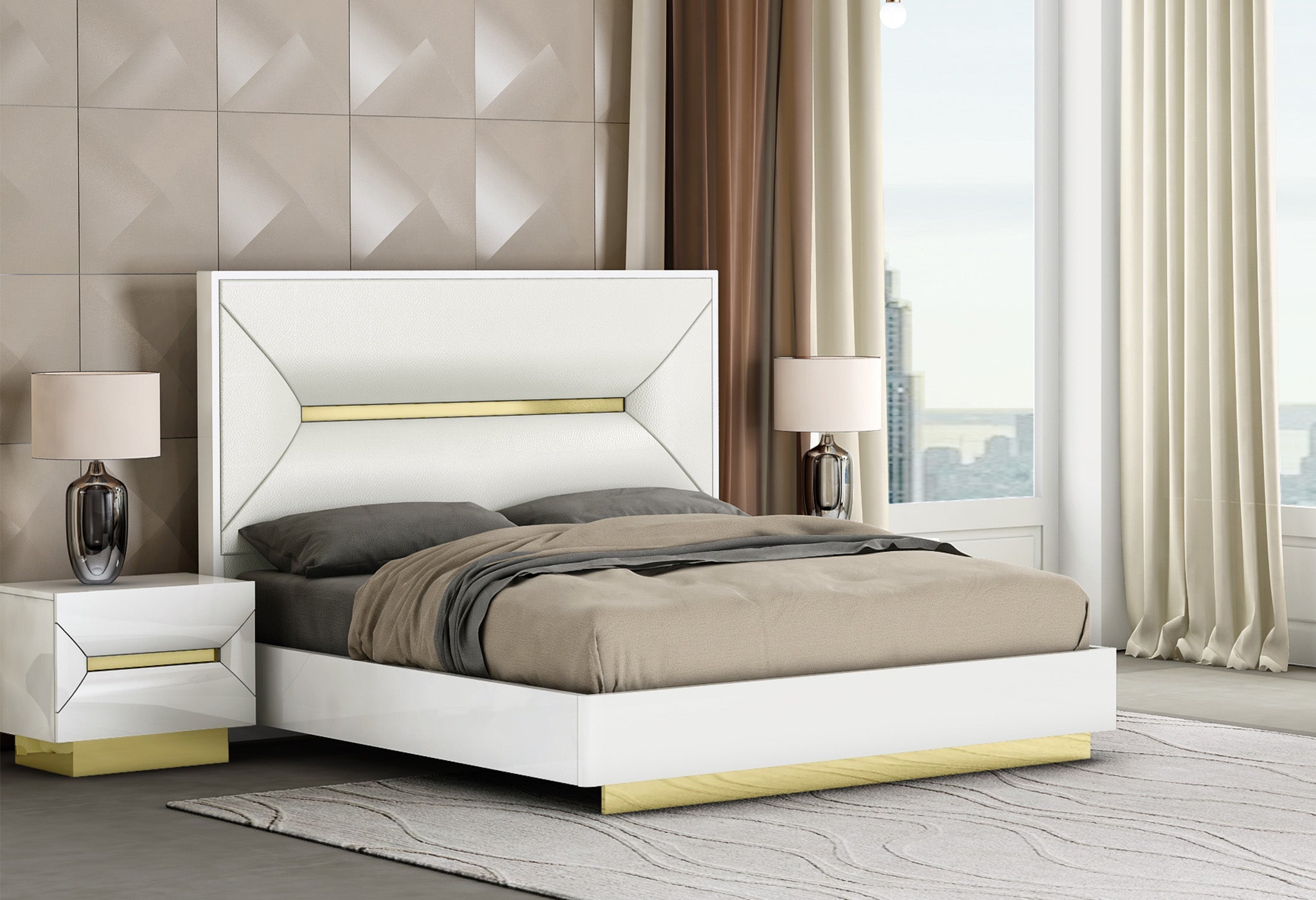 Yazmah Bedroom Suite Luxury Modern White Brushed Titanium Gold - Quality Rugs and Furniture