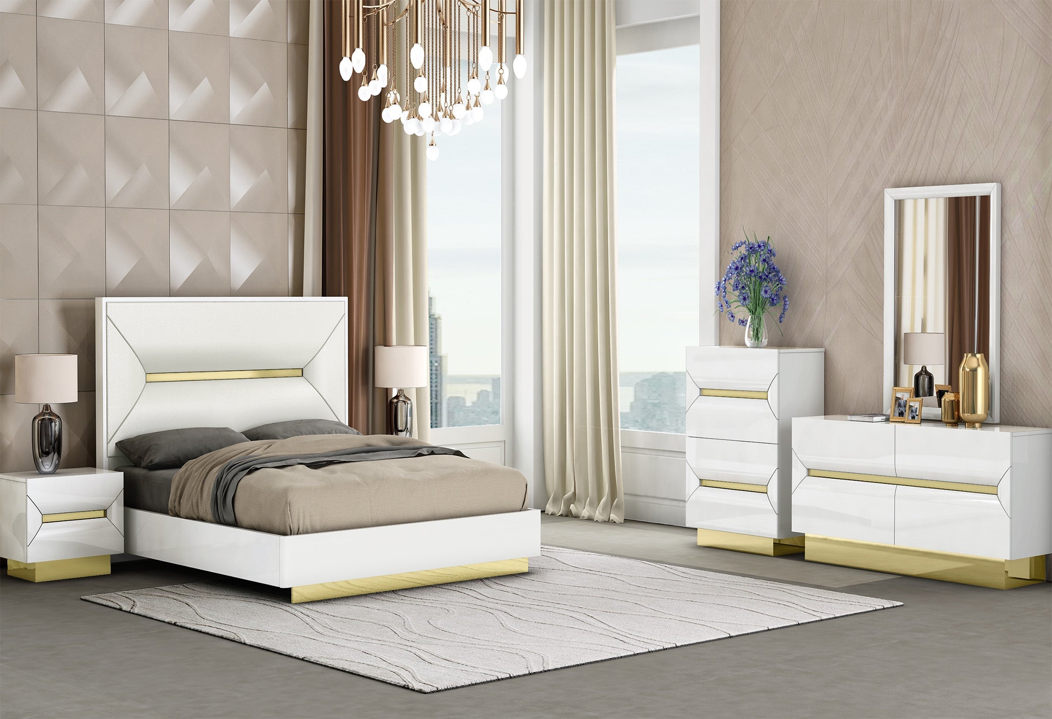 Yazmah Bedroom Suite Luxury Modern White Brushed Titanium Gold - Quality Rugs and Furniture