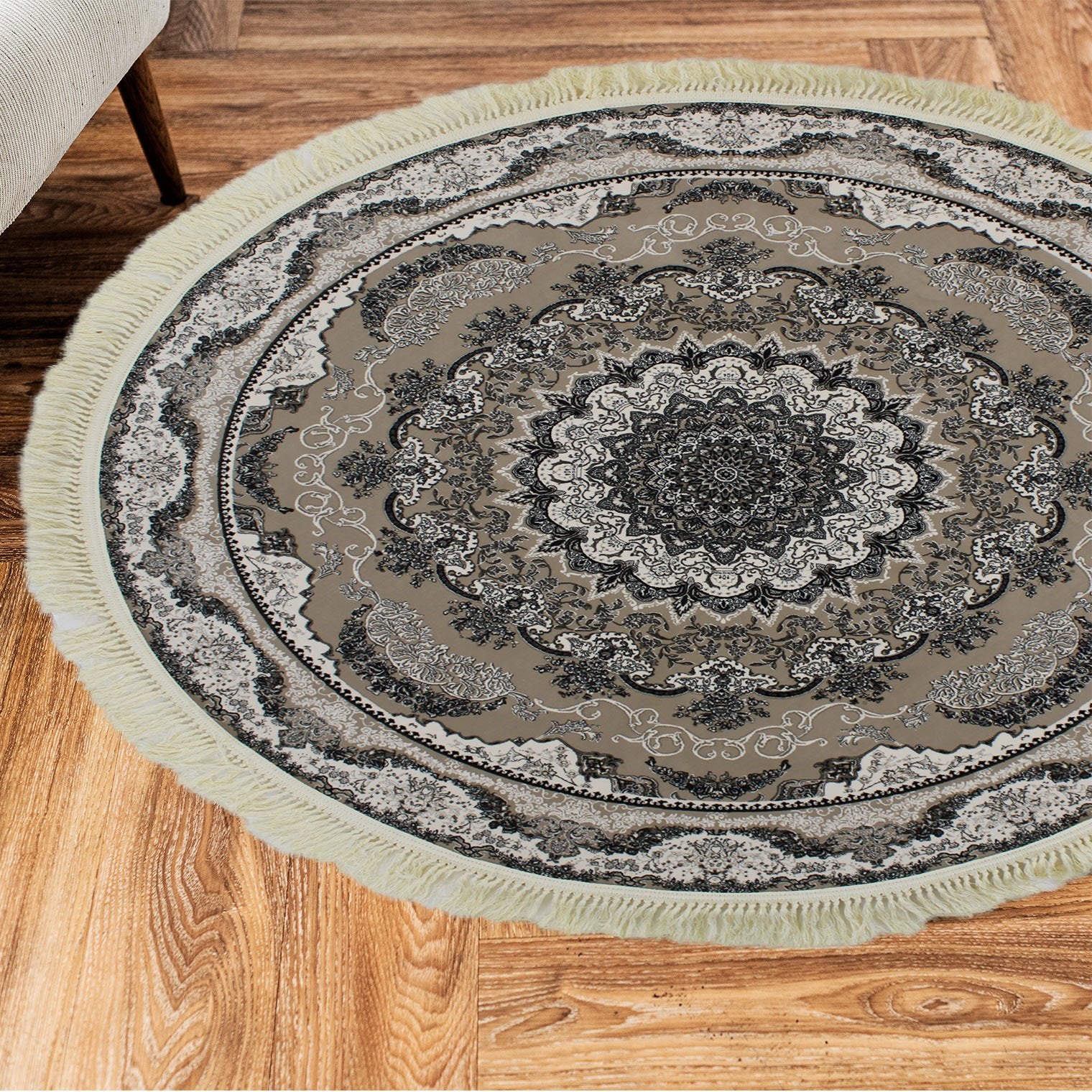 Zartosht 5511 Grey/ Black White Round Persian Traditional Rug - Quality Rugs and Furniture