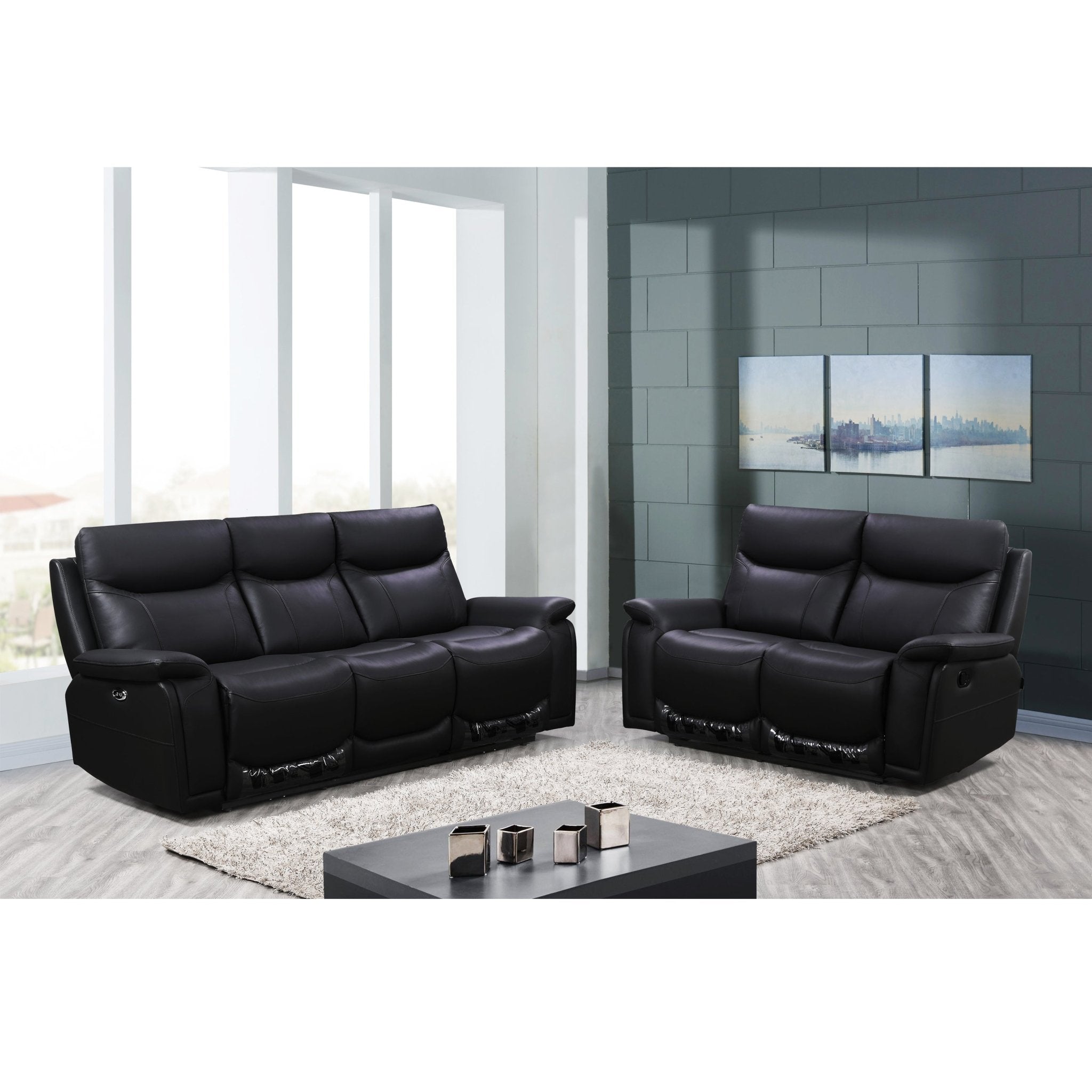 Zeus Manual Recliner Genuine Leather Sofa Set Black - Quality Rugs and Furniture